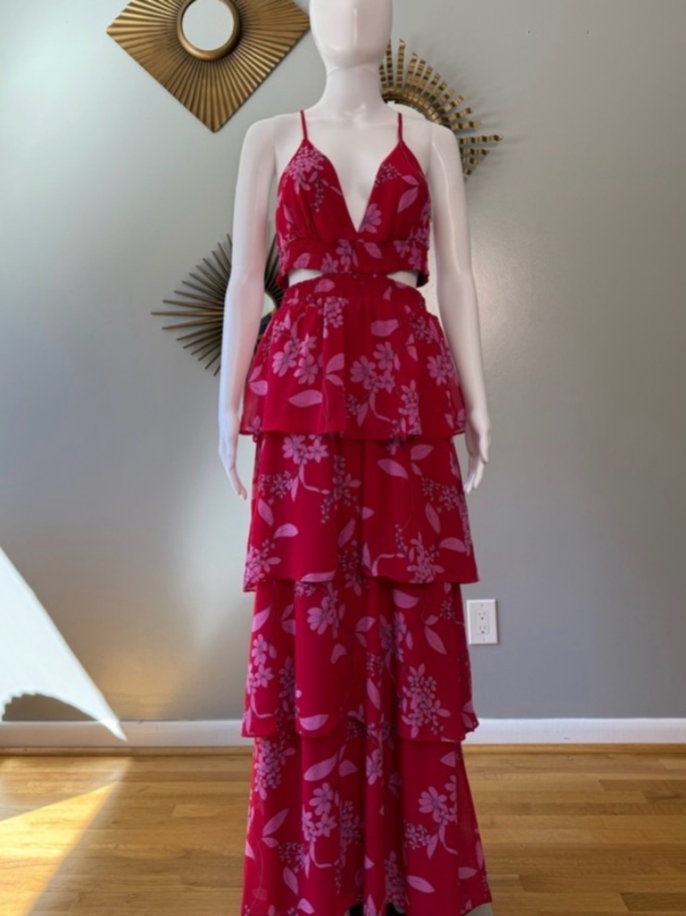 Express Red Floral Tiered Maxi Dress